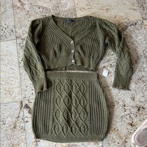 Olive Green Knit Cardigan and Skirt Set